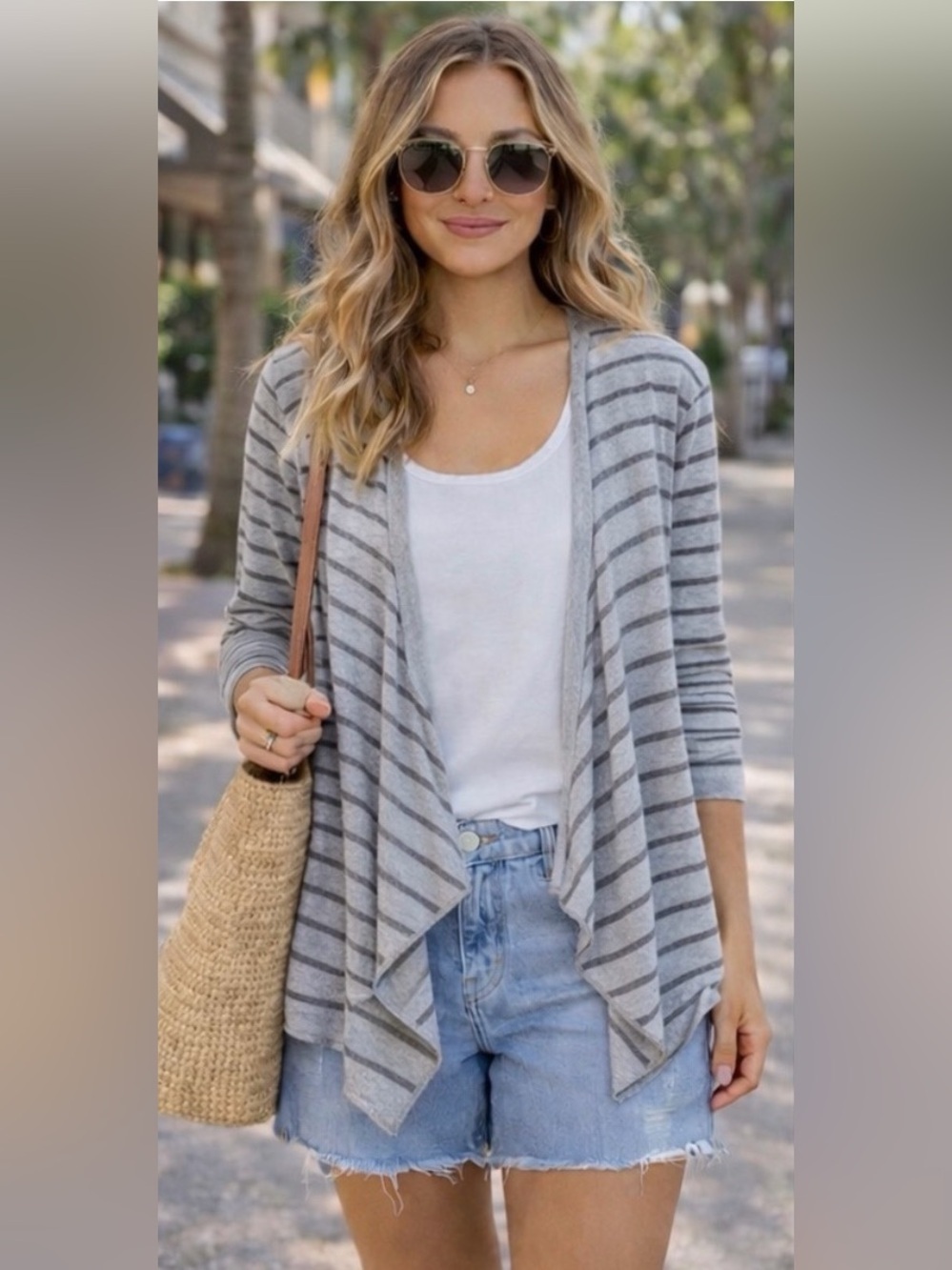 LOFT Gray Stripe Waterfall Front Short Cardigan Cotton Small Beach Lightweight